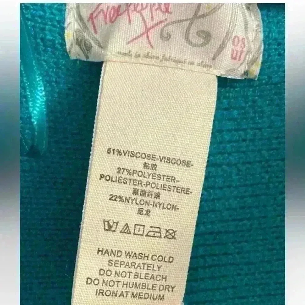 Free people‎ Boho Striped Hooded Poncho Teal Blue White Cozy Shawl Wrap One size